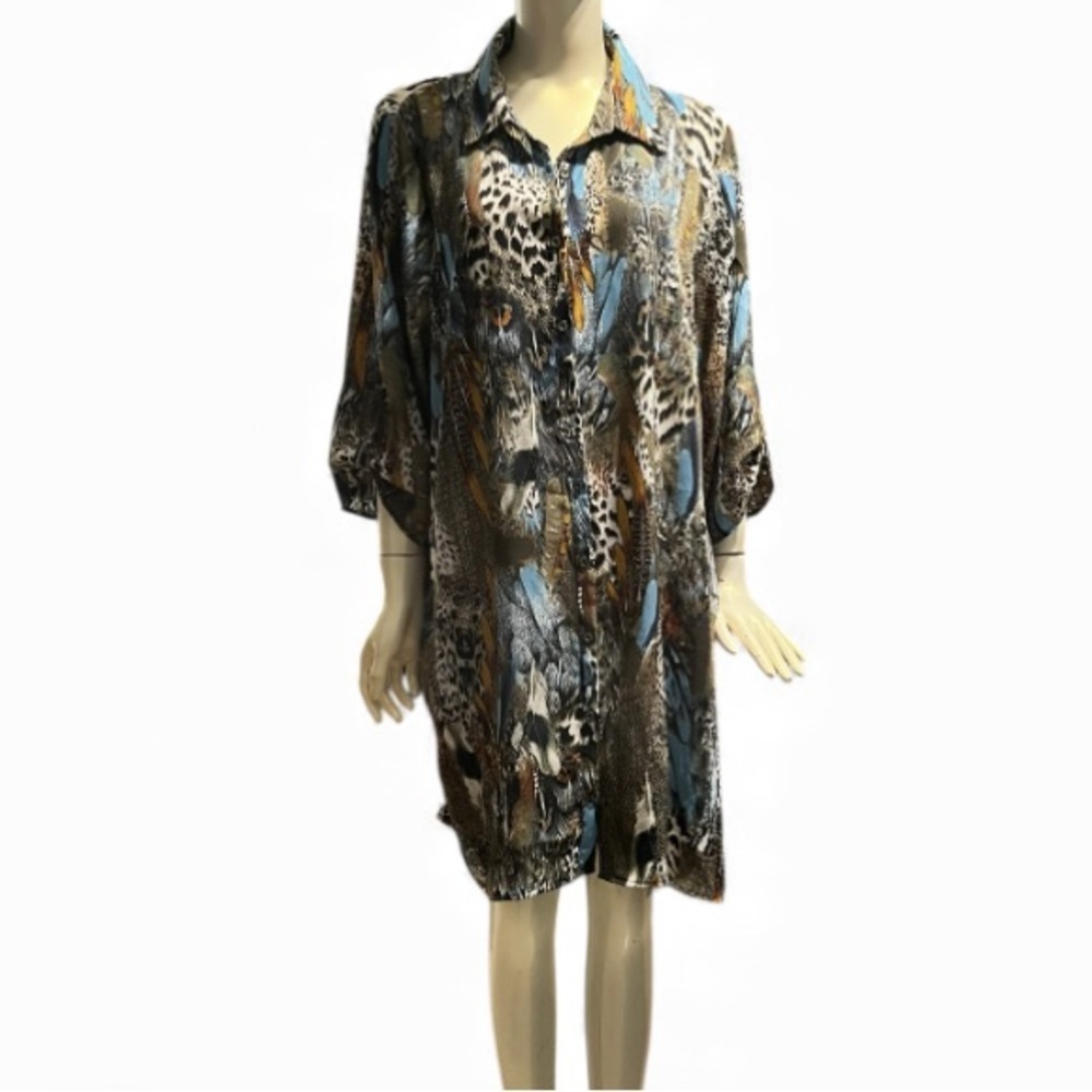 Indigo Rose  Feather Animal Quarter Sleeve High Low Tunic Shirt Dress